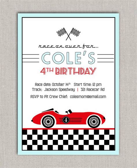 A vintage racing party invitation featuring a classic car