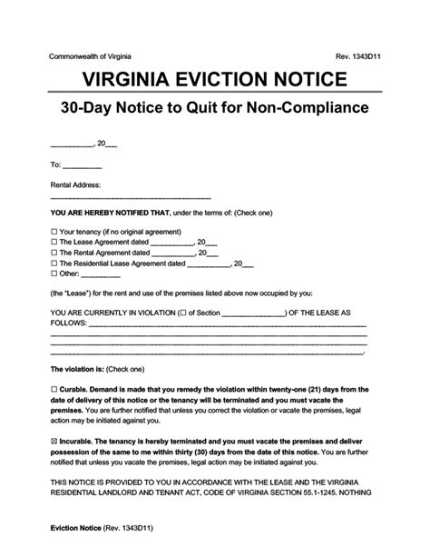 Virginia 30 Day Eviction Notice Template Sample