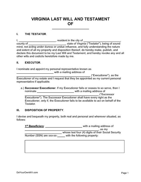 Virginia Last Will and Testament Template 1