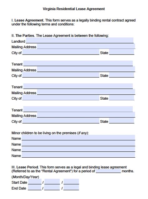 Virginia Residential Lease Agreement for a Room Rental