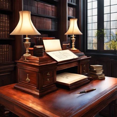 A photo of Virginia Woolf's writing desk with a notebook and pen