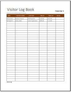 Visitor Log Book Template Excel