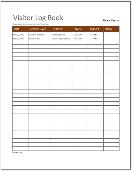 Visitor Log Book Template Excel Free Download