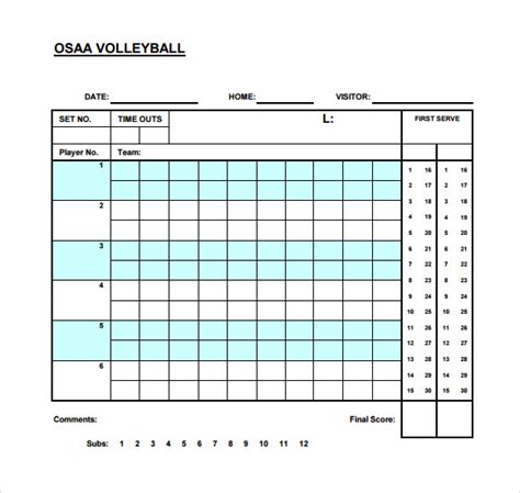 Volleyball Game Score Sheet