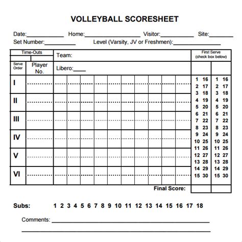 Volleyball score sheet format free