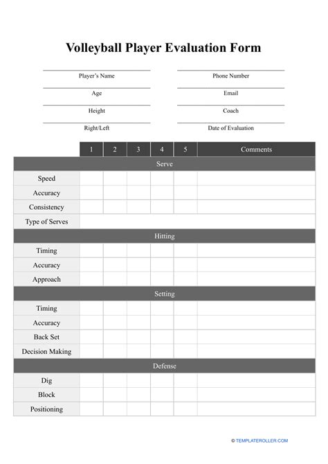 Volleyball tryouts evaluation form with comparison chart