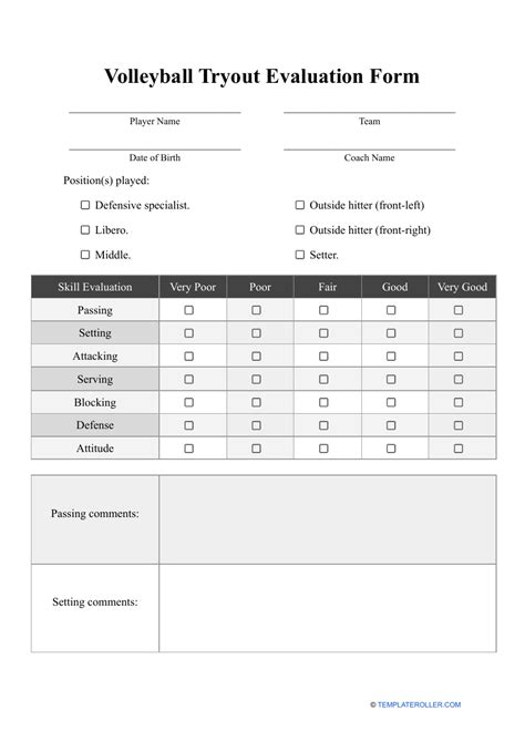 Volleyball tryouts evaluation comparison chart