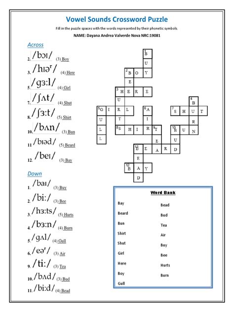 Vowel Sounds Crossword Puzzle Worksheet