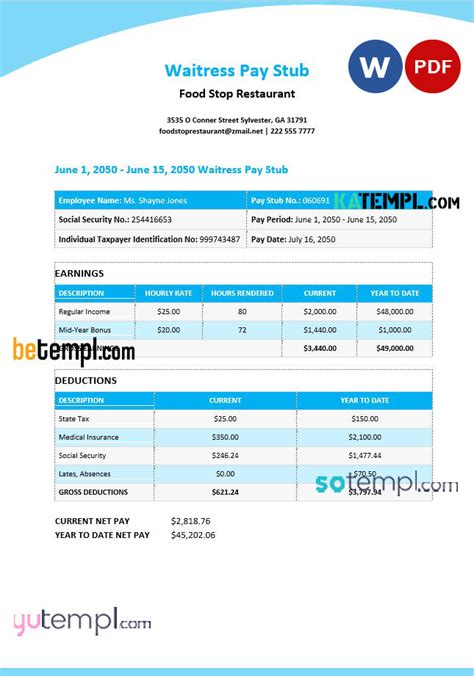 waitress pay stub template