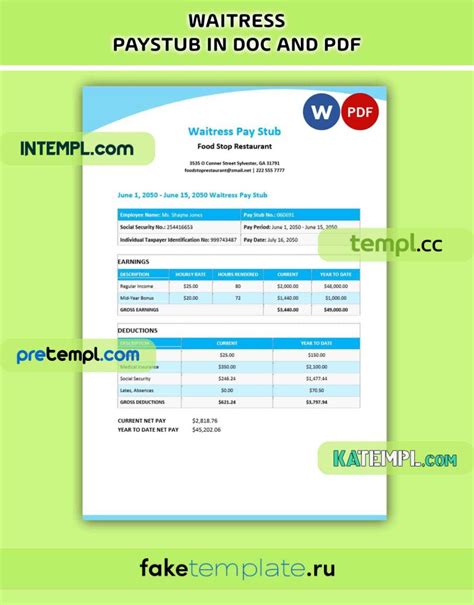 waitress pay stub template