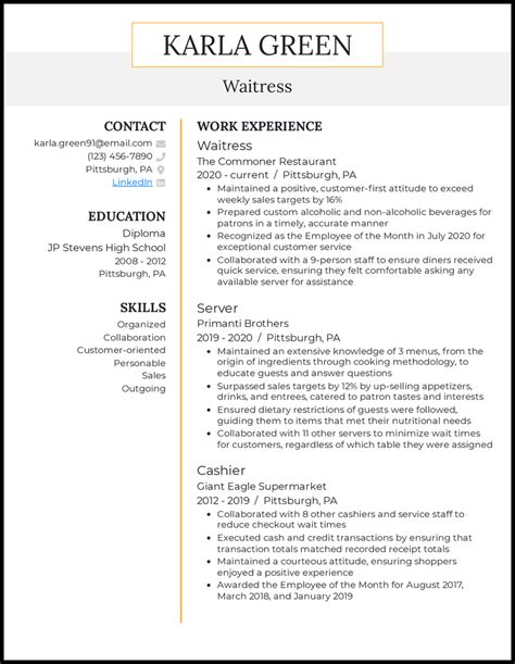 Waitress Resume Template 2