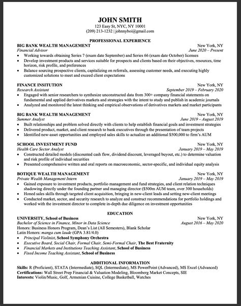 Wall Street Resume Samples