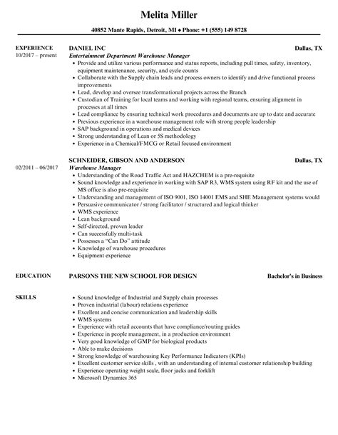 Warehouse Manager Resume Sample 1