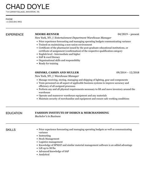 Warehouse Manager Resume Sample 1