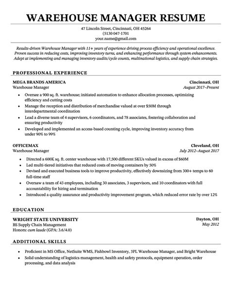 Warehouse Manager Resume Sample 10