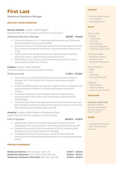 Warehouse Manager Resume Sample 4