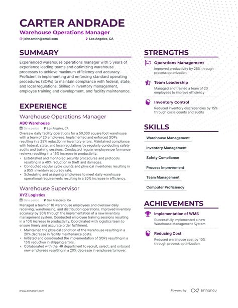 Warehouse Manager Resume Sample 5