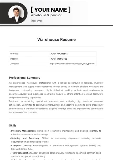 Free Warehouse Resume Template