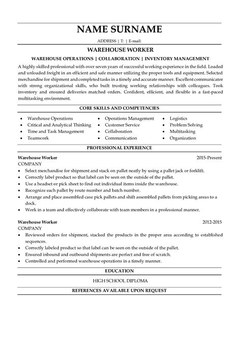 Warehouse Worker Resume Example