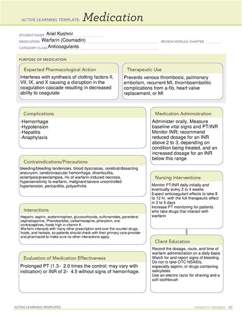 Warfarin Medication Template Example