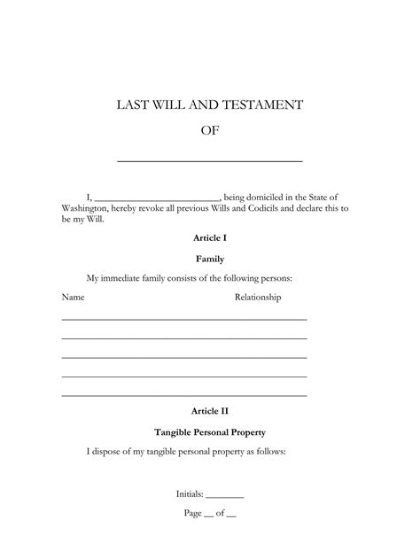 Washington State Last Will Template