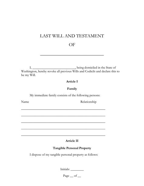 Washington State Last Will Template Form