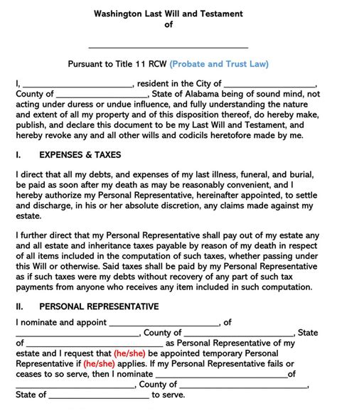 Washington State Last Will Template Printable