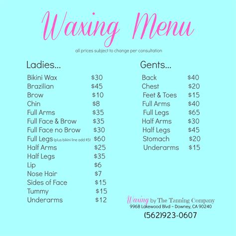 Waxing Services Price List