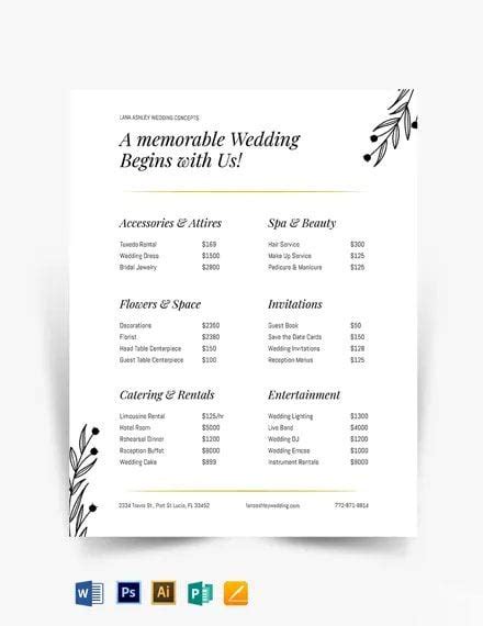 Wedding and Event Price List Template