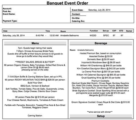 Wedding Banquet Event Order Template