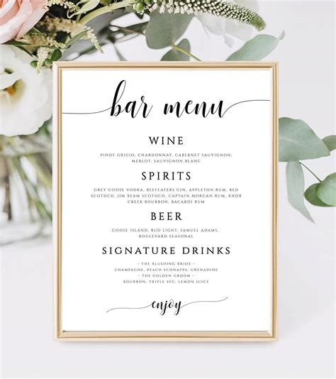 Wedding Bar Menu Template Ideas