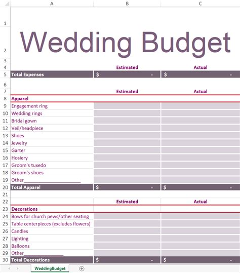 Wedding Budget Template Excel