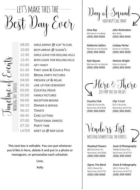 Wedding Day Itinerary Template