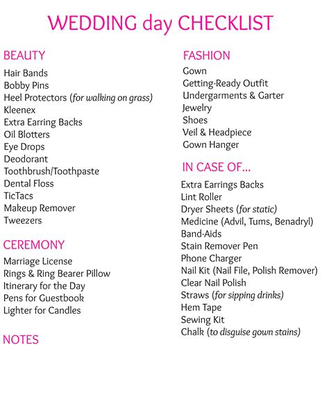 Wedding Day of Checklist