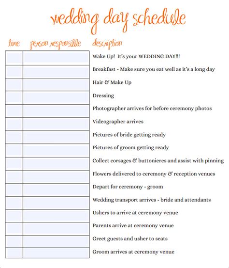 Wedding Day Schedule Template Word