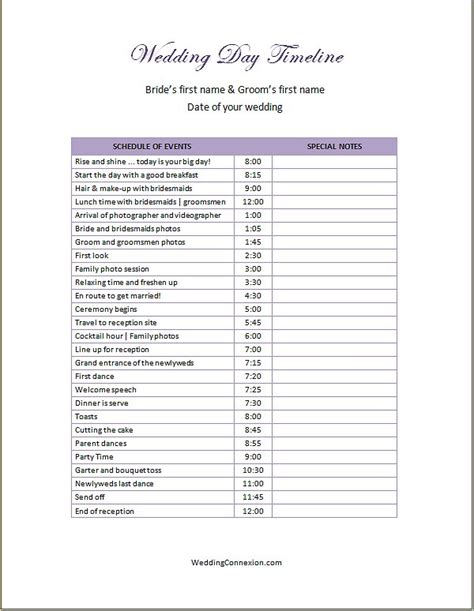 Wedding Day Timeline Template