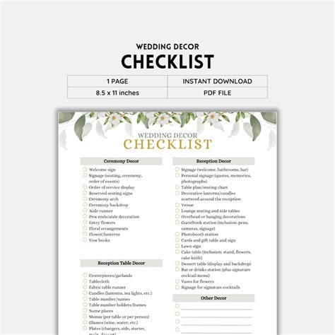 Wedding Decoration Checklist Template