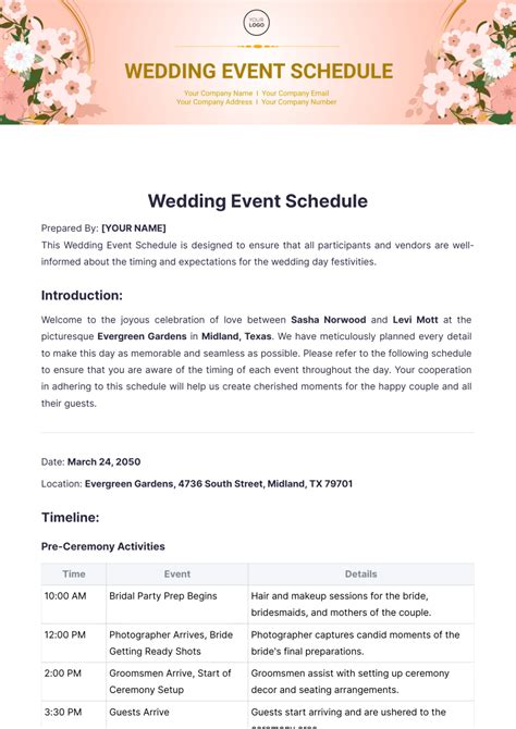 Wedding Event Schedule Template