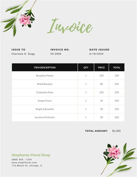 Wedding flower invoice template sample