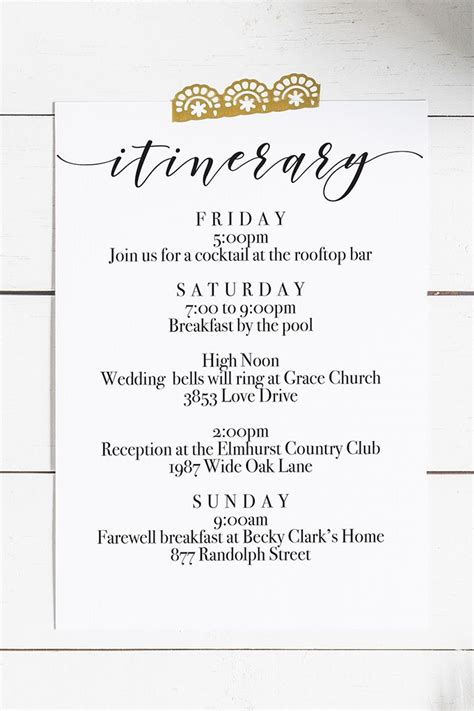 Wedding Guest Itinerary Template