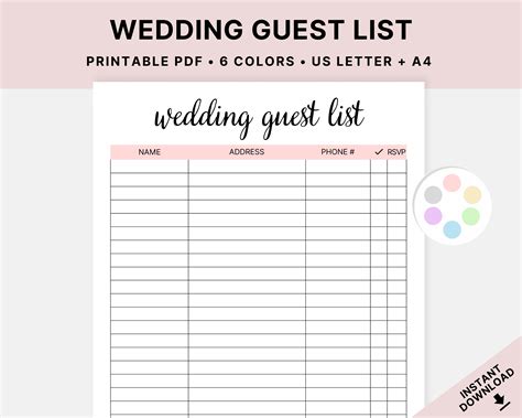 Wedding Guest List Template in Excel Organization