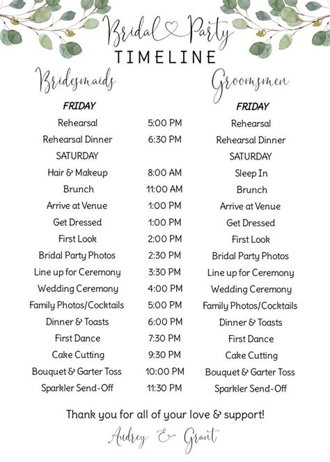 Wedding Party Itinerary Template Example