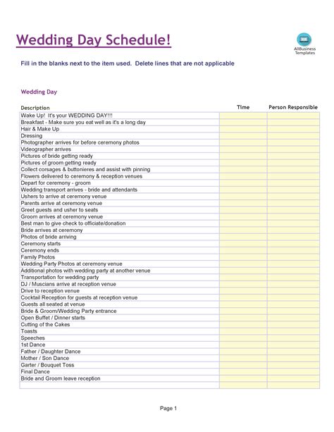 Wedding Itinerary Template Excel