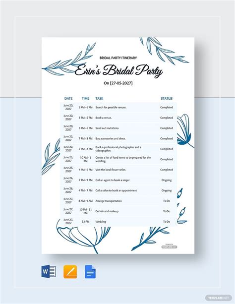 Wedding Party Itinerary Template Word