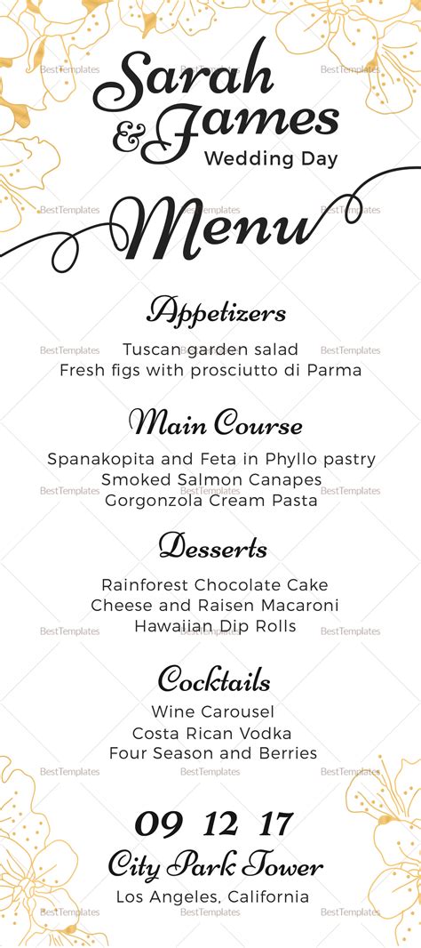 Wedding Reception Menu Template Example