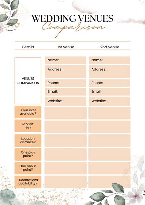 Wedding Venue Comparison Template 2