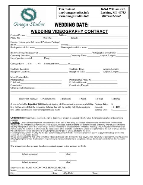 Wedding Videography Contract Example