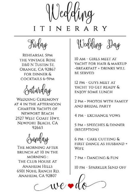 Wedding Weekend Itinerary Template Design