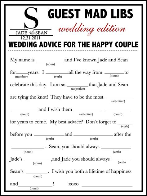 Funny Wedding Mad Libs Templates