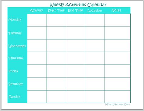 Weekly activity calendars